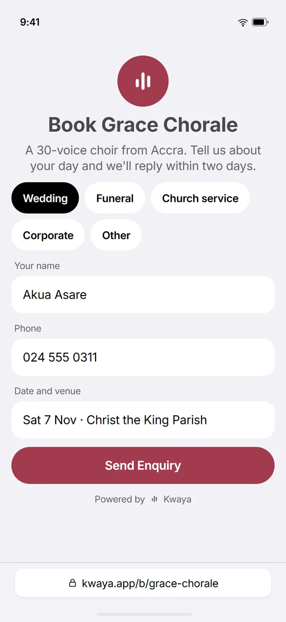 A choir's public booking page, where a client asks to book the choir.