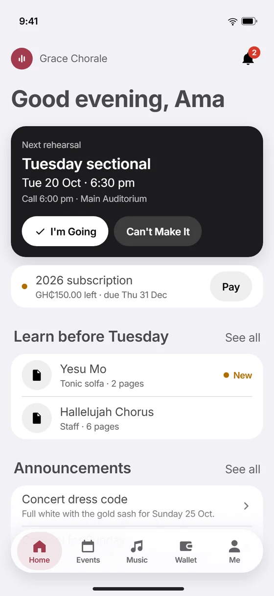 The app's Home for a singer: the next rehearsal with I'm Going, a subscription to pay, music to learn and announcements.