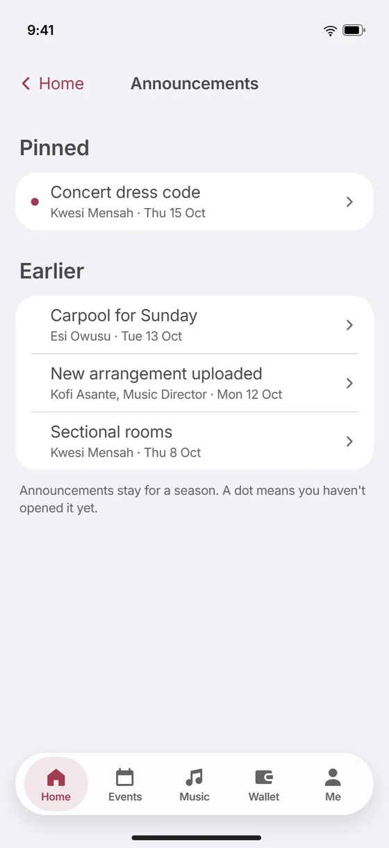 The app's announcements, with pinned and earlier posts.