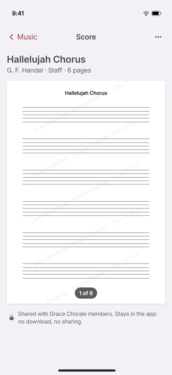 The app's score reader showing Hallelujah Chorus, watermarked with the singer's name.