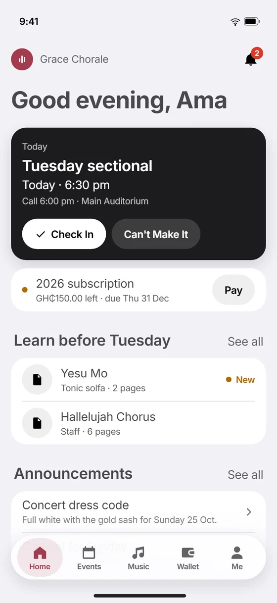 The app on rehearsal day, with Check In and Can't Make It.